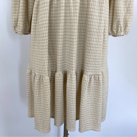 Draper James New Size L Cream Houndstooth Puff Sleeves Tiered Skater Mini Dress - Picture 6 of 13